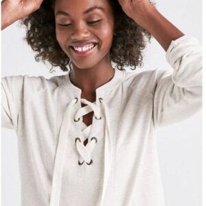 Lucky Brand Vintage Lace Up Pullover Sweatshirt Light Gray Beige
